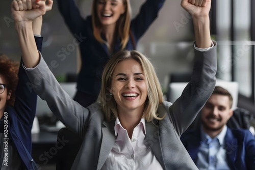 Triumphant Business Woman Celebrates Successful Partnership with Delighted Customer
