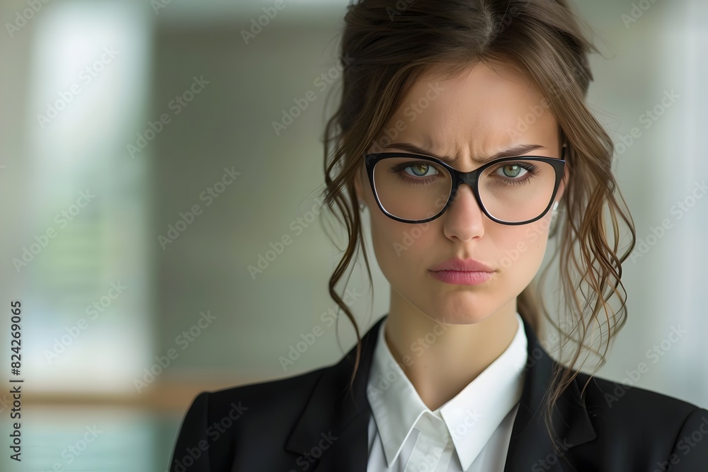 Stern Faced Female Executive in Formal Business Attire Exuding Professionalism and Determination Stern Faced Female Executive in Formal Business Attire Exuding Professionalism and Determination