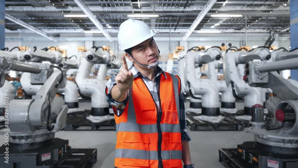 Asian Male Engineer With Safety Helmet Disapproving With No Index Finger Sign While Standing With Robotic ArmsArm Asian Male Engineer With Safety Helmet Disapproving With No Index Finger Sign While Standing With Robotic ArmsArm