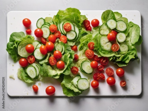Separate piles of lettuce, cherry tomatoes, and cucumber slices arranged on a white cutting board. © Thilina