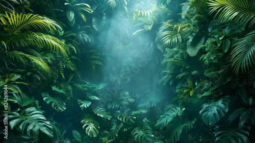 Background Tropical. Giant ferns unfurl their fronds like emerald fans  while towering palms sway gracefully in the warm breeze  painting a picture of serenity and tranquility in the heart of the jung