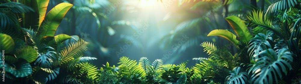 Background Tropical. The lush rainforest foliage evokes peace and tranquility, with its vibrant greens and gentle rustling sounds creating a soothing and calming atmosphere.
