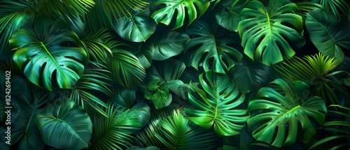Background Tropical. Enveloped by verdant foliage  the rainforest exudes peace and tranquility  with its vibrant greens and soft rustling sounds offering a soothing and calming ambiance.