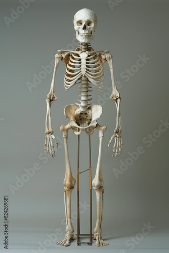 Detailed anatomical depiction of a neutral full-body skeleton standing straight.