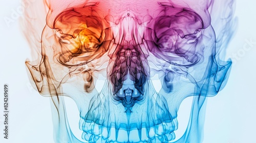 The image shows a colorful x-ray of a human skull. photo