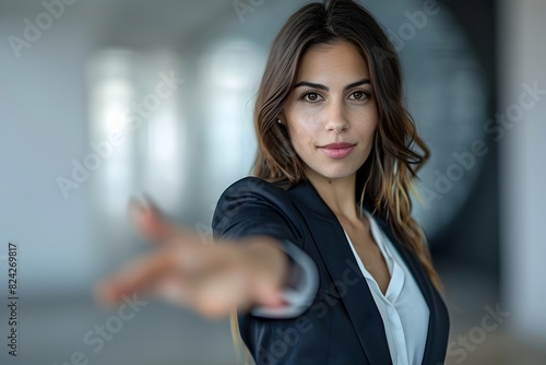 Confident Business Woman Gesturing in Modern Professional Setting