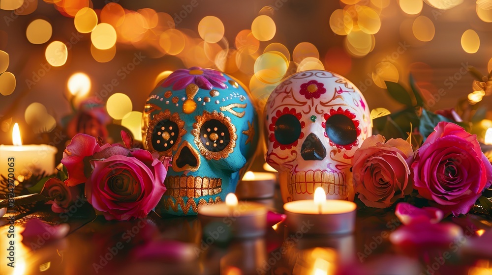 Two vibrant sugar skulls depicted in a portrait on an oak table, surrounded by candles and roses.