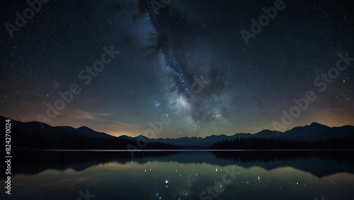 night sky full of stars, reflecting on a calm lake surrounded by mountains
