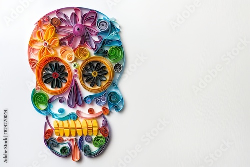 Paper quilling skull art featuring a colorful and stylish composition, offering ample copy space.