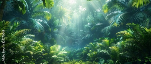 Background Tropical. Amidst the dense foliage, the rainforest's lush canopy serves as a protective shield, guarding the forest floor from the intense sun and providing a cool shaded environment. © BlockAI
