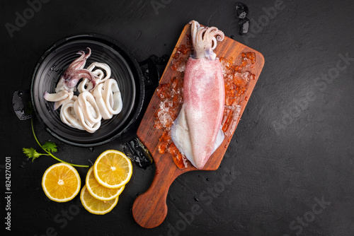 Fresh raw squid. Raw squid on a black plate with ice. Lemon slices. Top view and copy space for your text.