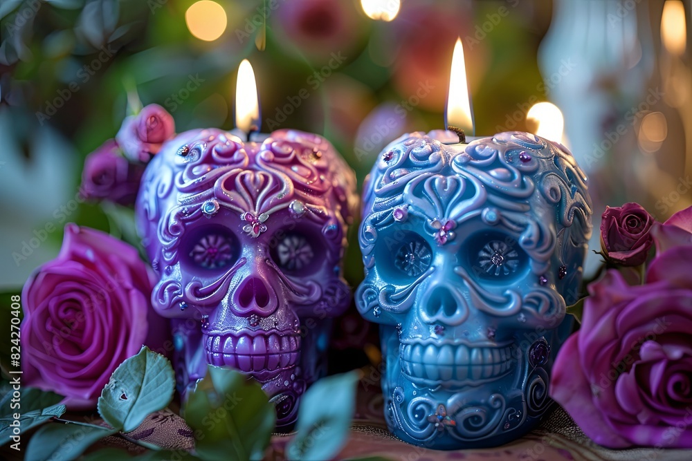 Sugar skull candles with intricate designs, surrounded by roses, candlelight focus effect. Sugar skull candles with intricate designs, surrounded by roses, candlelight focus effect.