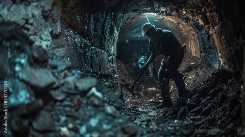 In a dimly lit mine shaft an artisanal coal collector extracts small pieces of coal from the walls with a pickaxe. photo