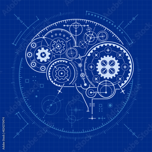 concept of machine learning, graphic of deep learning diagram of AI  brain presented in blueprint