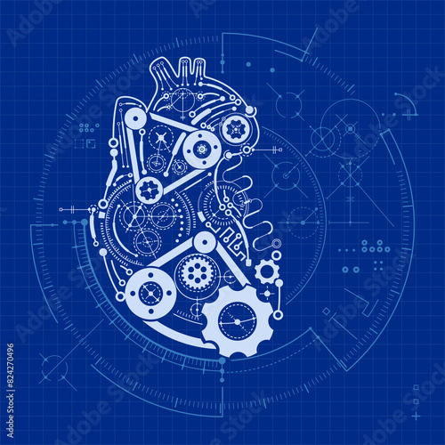 concept of artificial intelligence advancement, graphic of robot heart blueprint