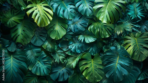 Background Tropical. Amidst the dense foliage  the rainforest presents endless shades of green  fostering a soothing and tranquil environment that is both calming and rejuvenating.