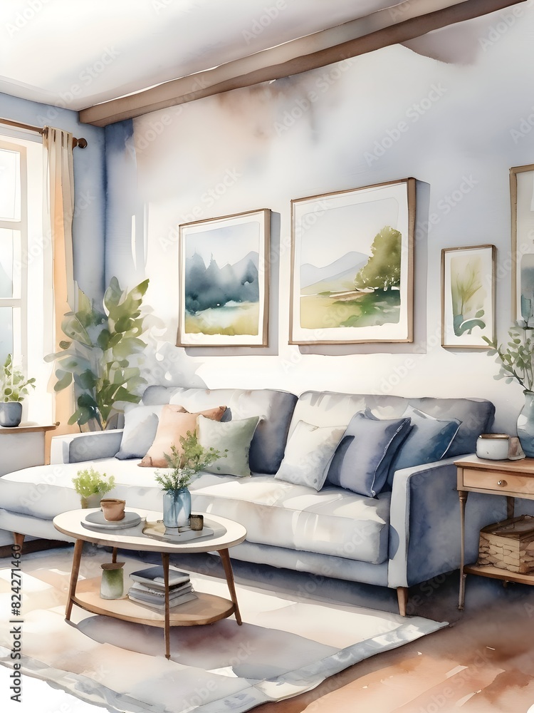 Fototapeta premium Cozy Living Room Watercolor Art