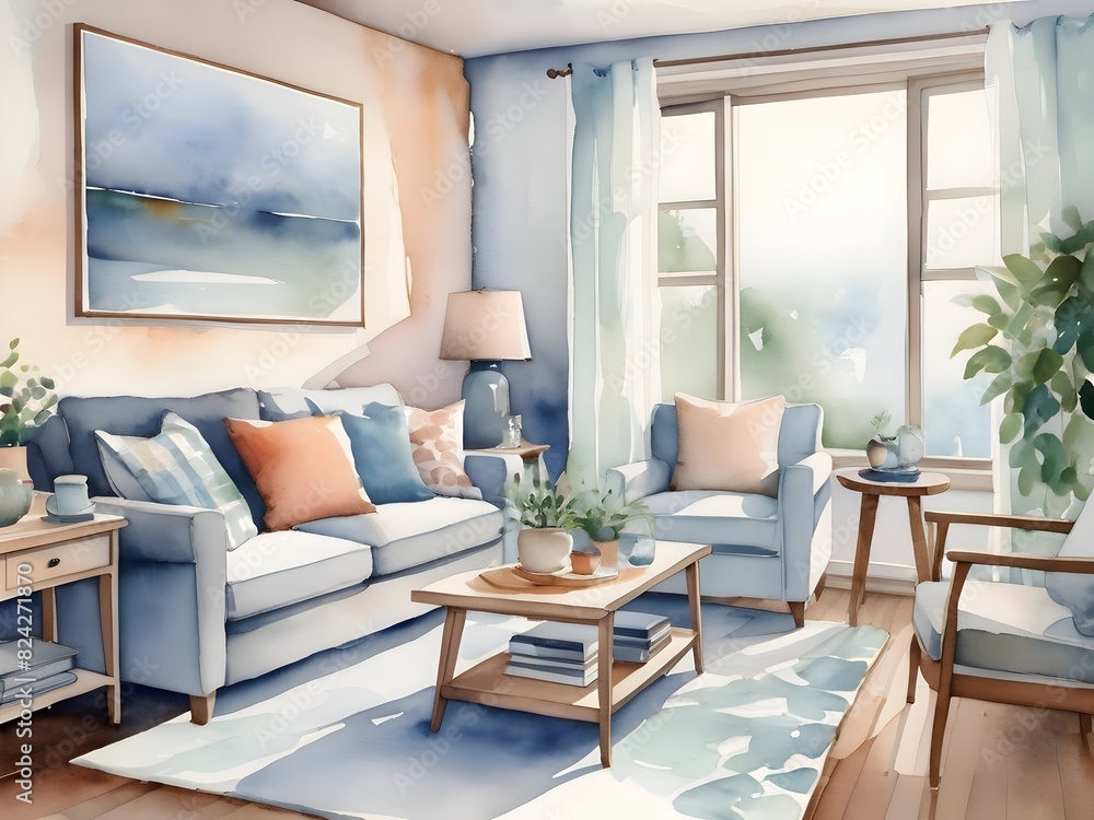 Fototapeta premium Cozy Living Room Watercolor Art