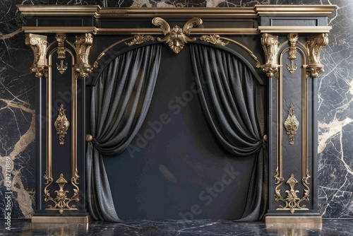 3D rendering of a luxury black arch with curtain and golden decorative elements on a dark wall background. © Meesam