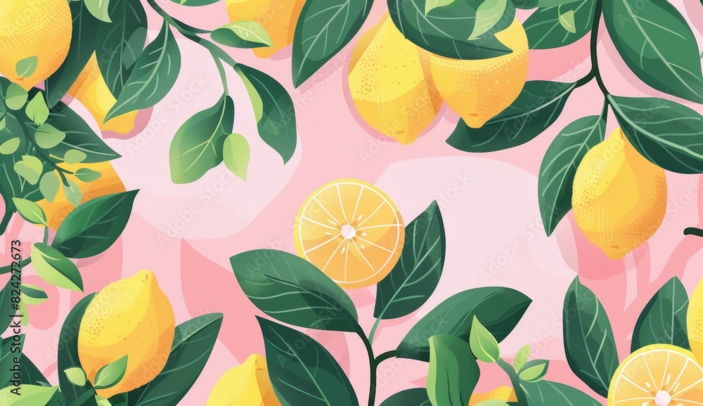 Flat illustration of lemon leaves and lemons, pink background, yellow pastel color palette.