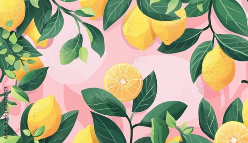 Flat illustration of lemon leaves and lemons  pink background  yellow pastel color palette.