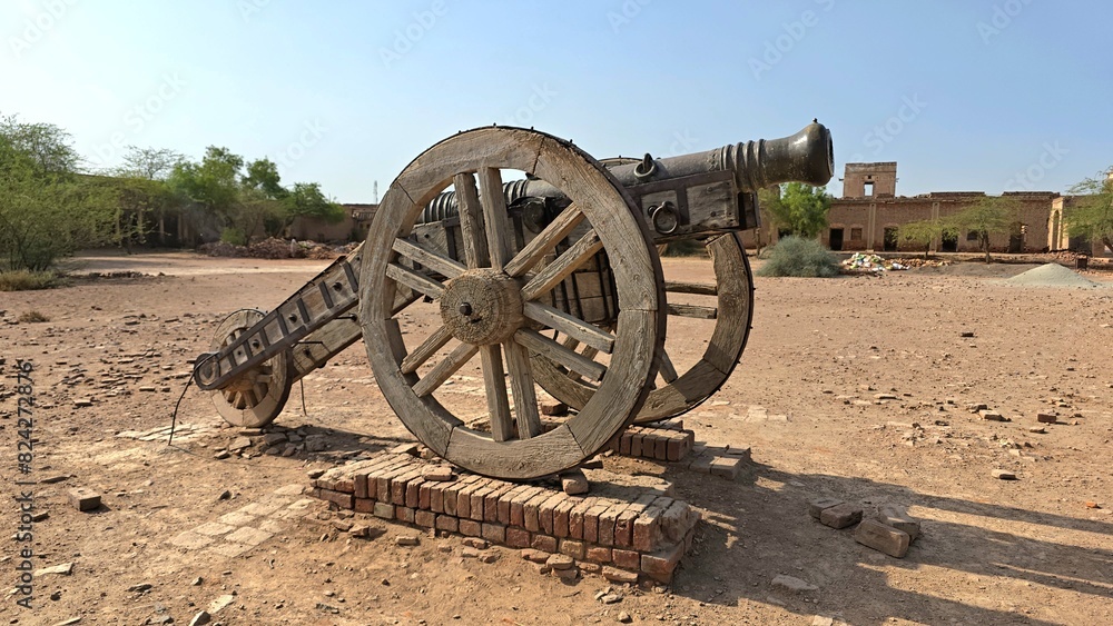 Antique Cannon with Wooden Wheels in the Derawar Fort in Cholistan Desert, Pakistan 