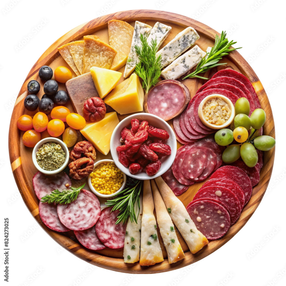A charcuterie board with an assortment of meats and cheeses. isolated on Transparent background. A charcuterie board with an assortment of meats and cheeses. isolated on Transparent background.