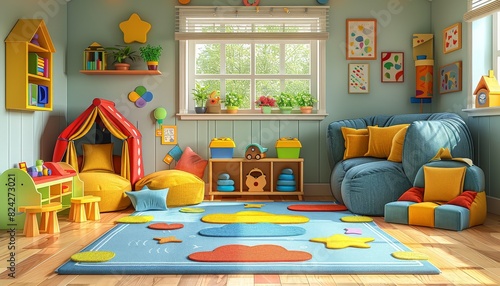 A colorful and inviting playroom with a large rug, comfy seating, and plenty of toys. Perfect for preschool or daycare.