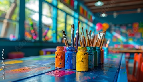 A colorful art classroom with paintbrushes and jars of paint on a blue table.