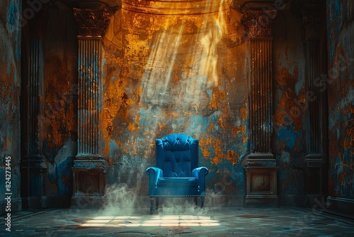 A lone blue armchair sits bathed in ethereal light in a grand, decaying hall. The room is filled with a sense of mystery and intrigue.