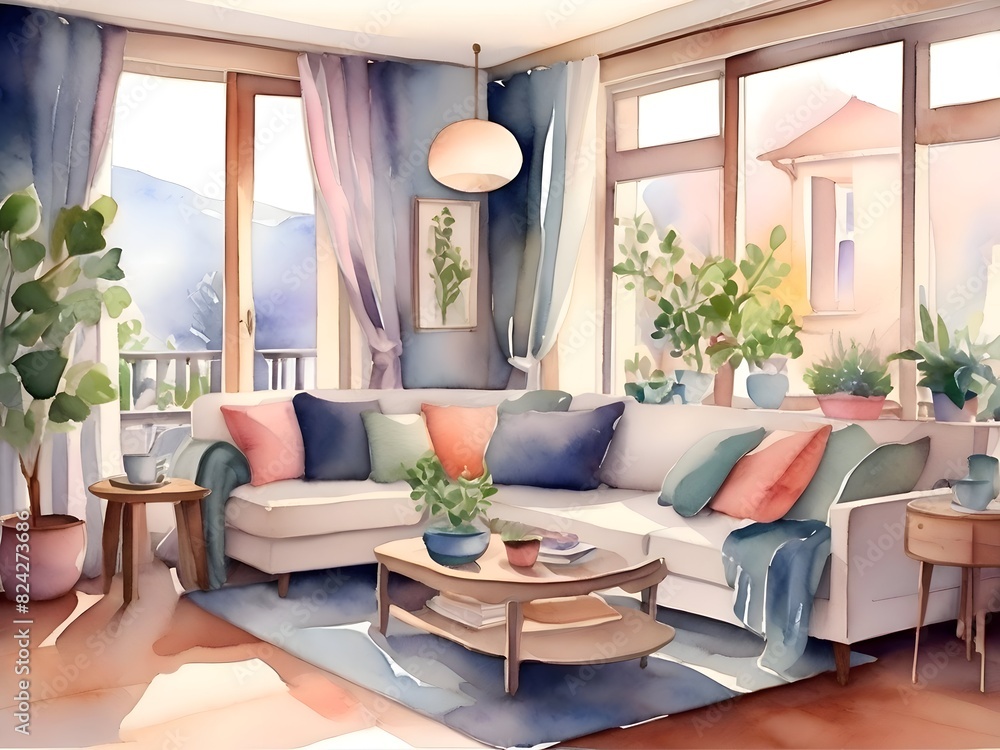Fototapeta premium Cozy Living Room Watercolor Art