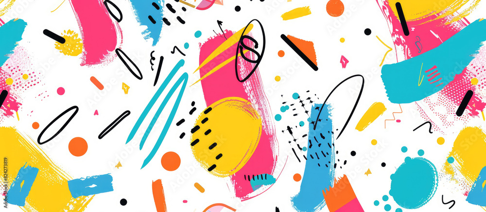 Playful abstract background with bright brush strokes and colorful shapes in Memphis pattern style Playful abstract background with bright brush strokes and colorful shapes in Memphis pattern style