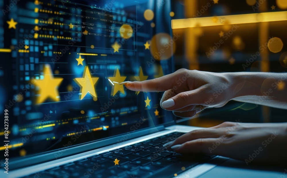 Hand checking five stars for customer review. Rating and feedback concept. Hand checking five stars for customer review. Rating and feedback concept.