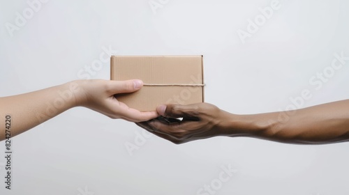 black hand receiving and hand taking small box white background © Borin