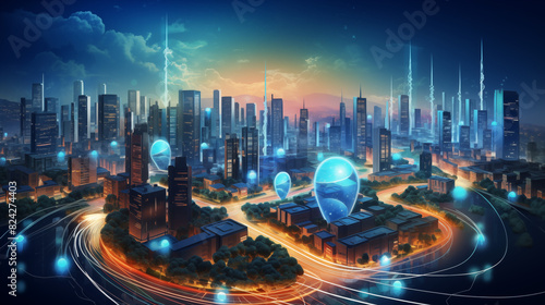 A futuristic cityscape at dusk with glowing digital nodes and network connections overlaying the buildings  representing advanced technology and connectivity.
