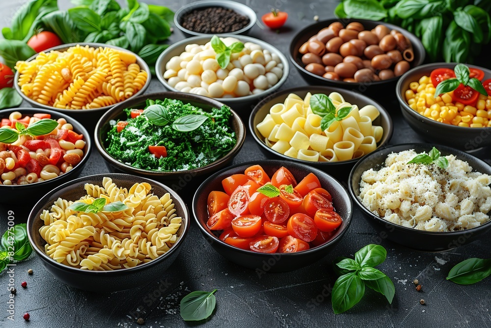A variety of pasta dishes are displayed in black bowls on a counter