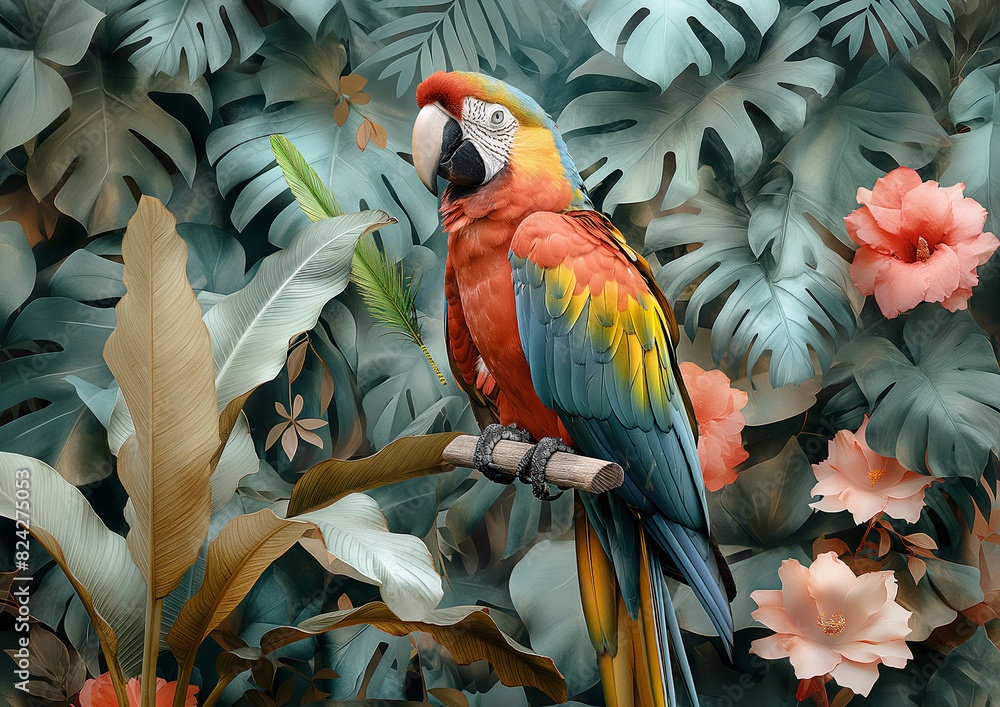 Obraz premium parrot in tropical forest, parrots in botanical paradise, botanical illustratio, vintage botanical illustration