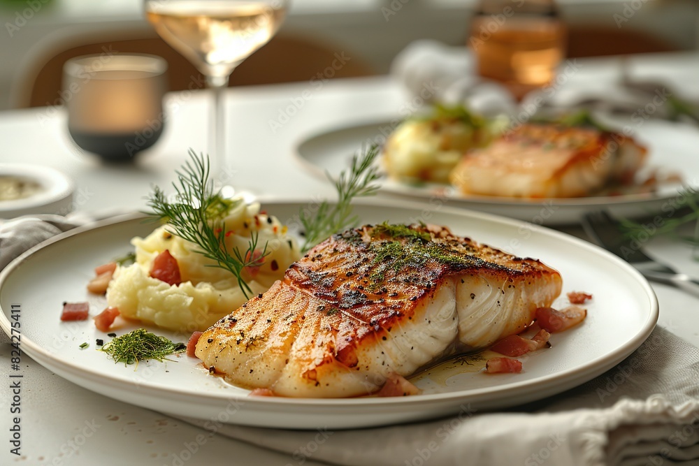 A plate of fish with a side of mashed potatoes and parsley A plate of fish with a side of mashed potatoes and parsley