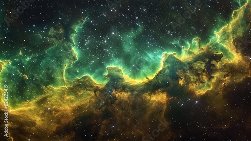 A spectacular space galaxy scene showcasing glowing nebula clouds in radiant greens and yellows  with a starry night sky beyond.