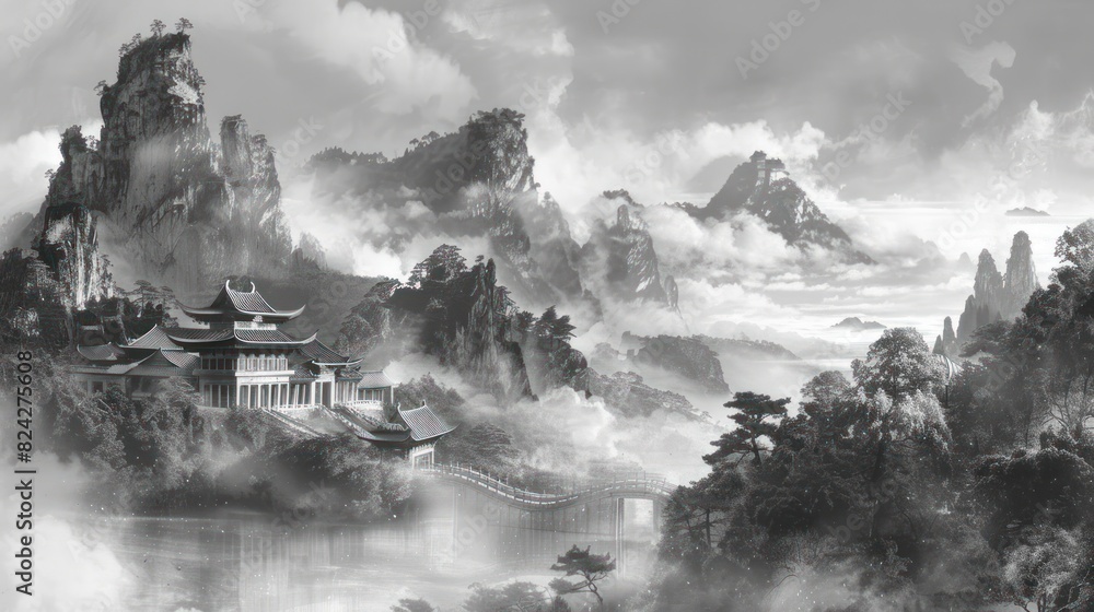 Japanese temple with mountains, ink painting Japanese temple with mountains, ink painting