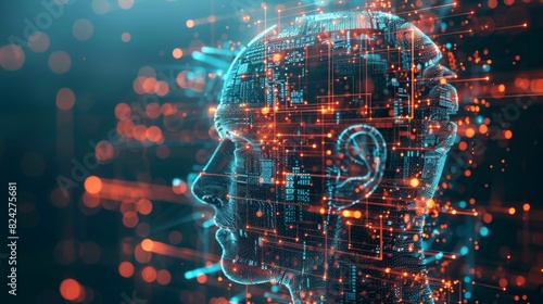 An image of a human head made up of digital data and circuitry highlighting the merging of humanlike cognition and technological advancement.