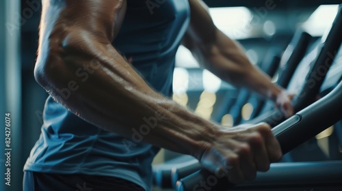 Close up view of a man's hand holding a treadmill bar while running using a treadmill in a gym studio. © Khoirul