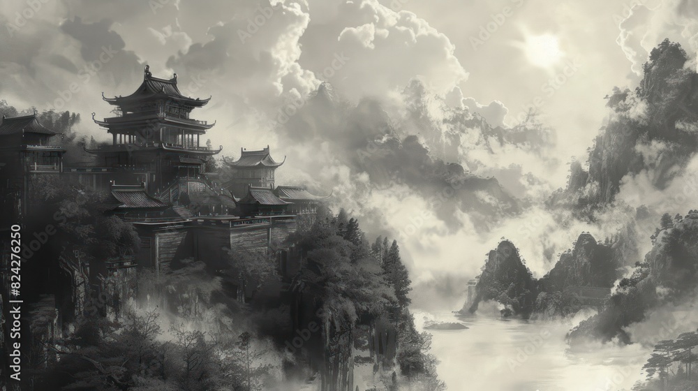 Japanese temple with mountains, ink painting Japanese temple with mountains, ink painting