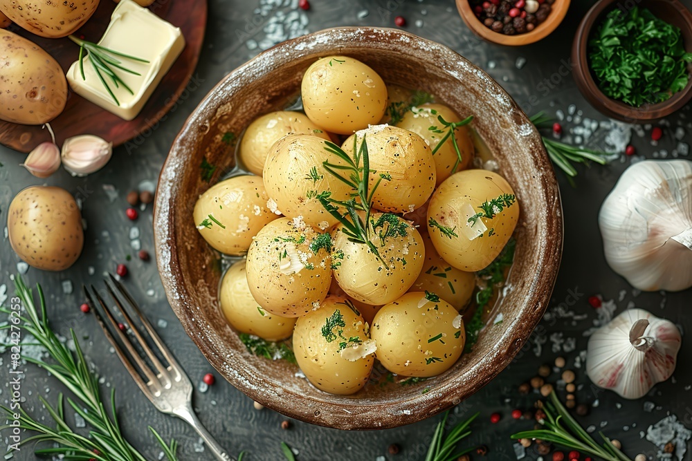 A bowl of potatoes with parsley and salt on top A bowl of potatoes with parsley and salt on top