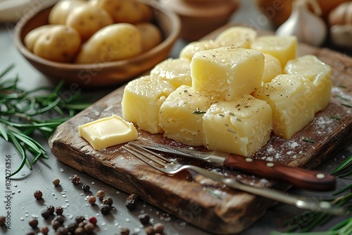 A wooden cutting board with a pile of cheese cubes and a fork on it