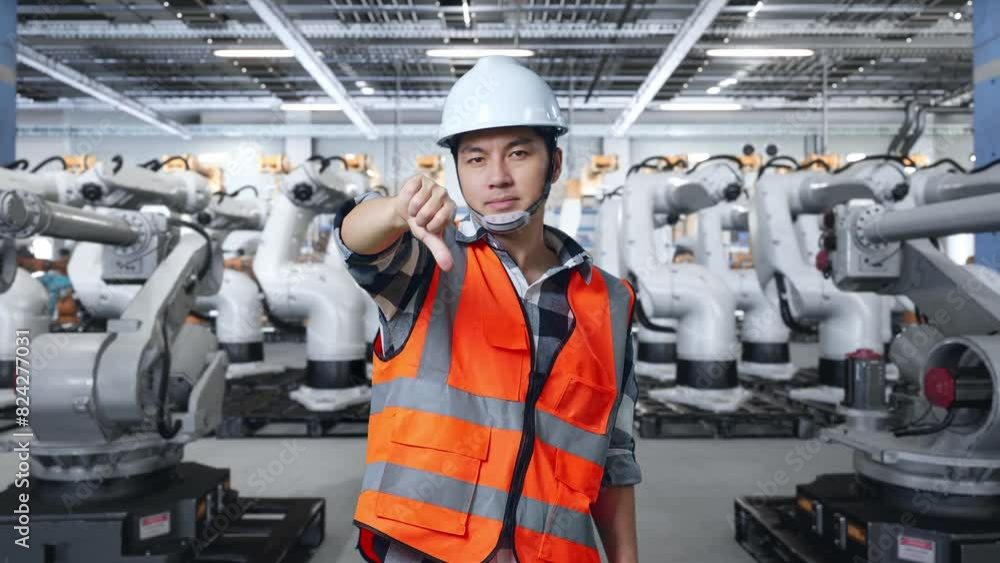 Asian Male Engineer With Safety Helmet Showing Thumbs Down Gesture And Shaking His Head While Standing With Robotic ArmsArm Asian Male Engineer With Safety Helmet Showing Thumbs Down Gesture And Shaking His Head While Standing With Robotic ArmsArm