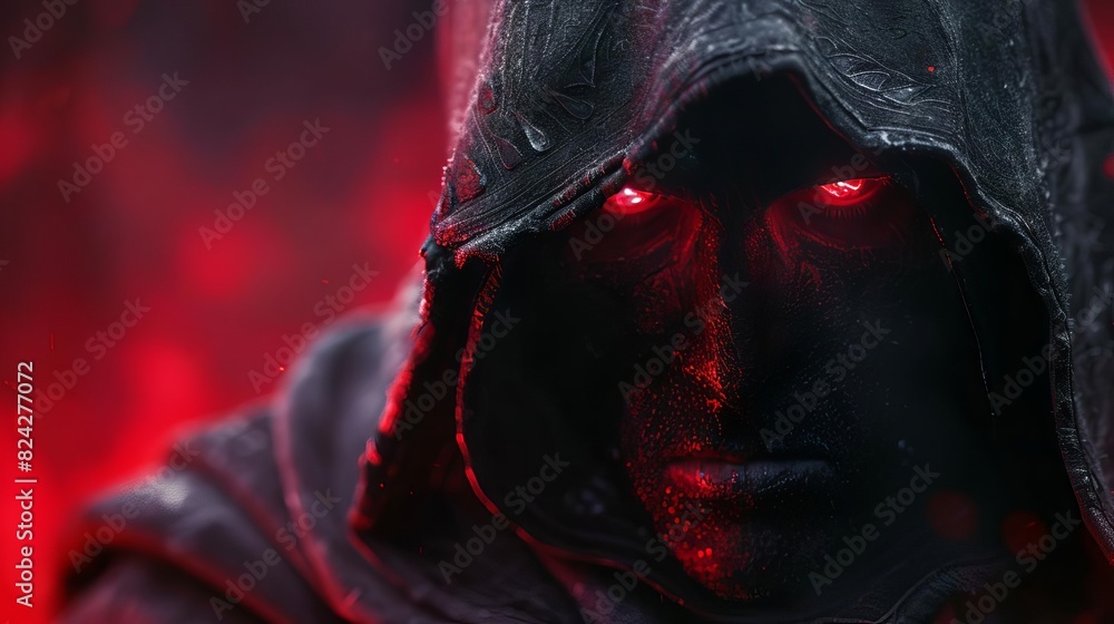 Show a dark lords face shrouded in shadow, with only their glowing eyes visible, exuding an aura of menace and power, Close up Show a dark lords face shrouded in shadow, with only their glowing eyes visible, exuding an aura of menace and power, Close up