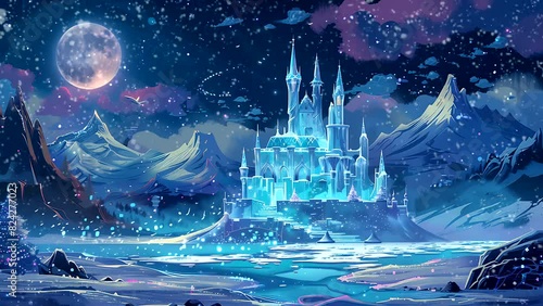 Ice and snow castle with beautiful night sky. Seamless looping 4k time-lapse video animation background photo
