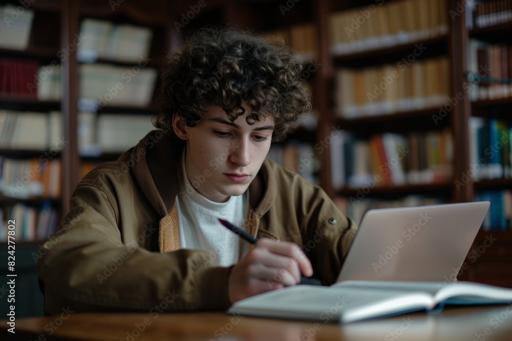 Male student learning at high school library. Study hard in the library Male student learning at high school library. Study hard in the library