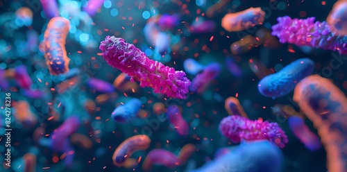 3D render of colorful bacteria in the background, close-up macro photography with a blue and purple color theme, in the style of unknown artist.